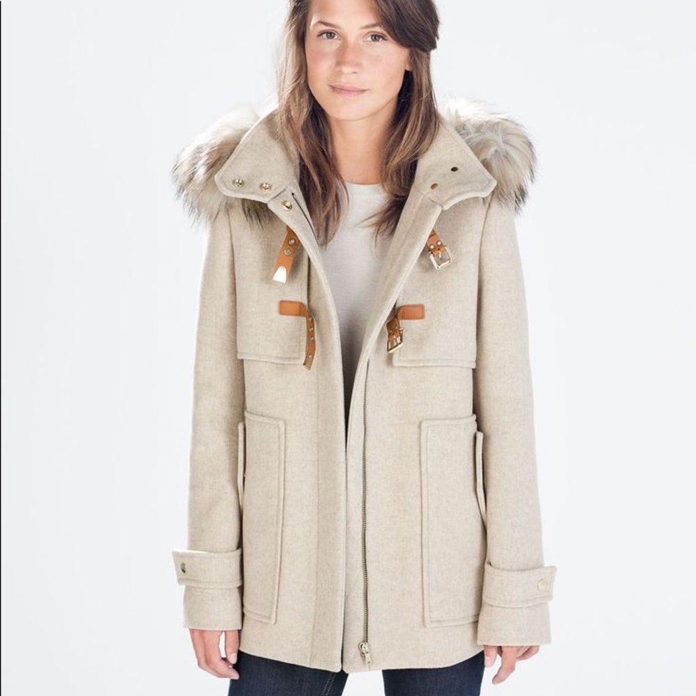 Zara Beige Wool Duffle Coat with Fur Hood